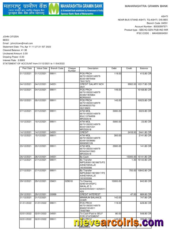 India Maharashtra bank statement, Word and PDF format, 2 pages